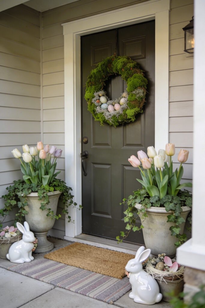 Easter Front Porch Ideas for a Fresh Spring Entry 3 Black front door with a moss wreath and pastel tulips in tall urns framed by white rabbit statues and small nests