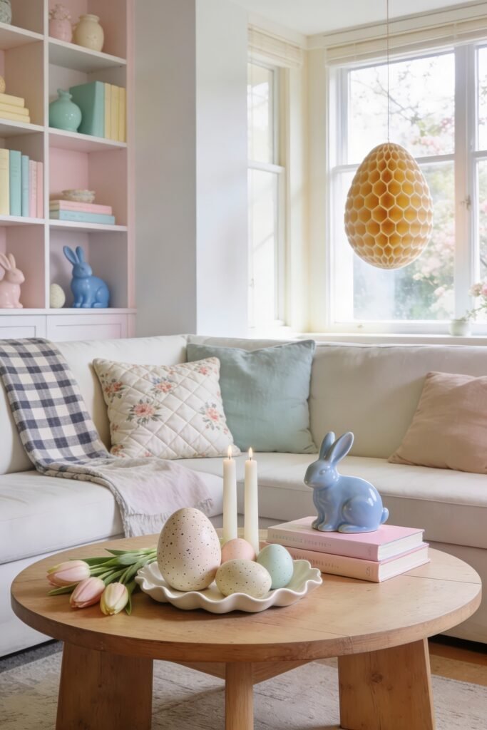 Soft pastel living room with a honeycomb egg pendant blue bunny figurine candles tulips and speckled eggs on a round wooden coffee table