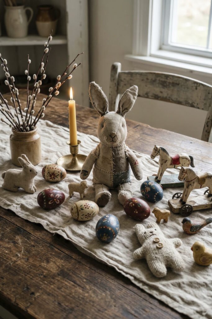 Patchwork stuffed bunny surrounded by painted eggs toy animals and a lit candle on a rustic table with pussy willow branches