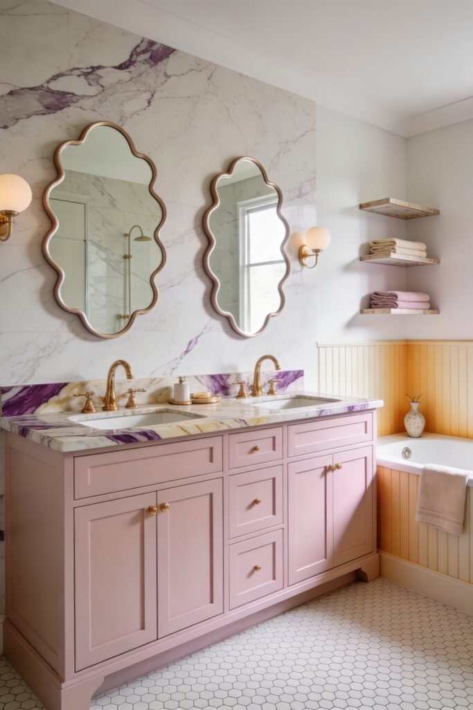 Calacatta Viola Bathroom Ideas for a Richer Look 20 Soft pink bathroom with double vanity scalloped mirrors and Calacatta Viola marble backsplash beside a paneled tub and floating shelves