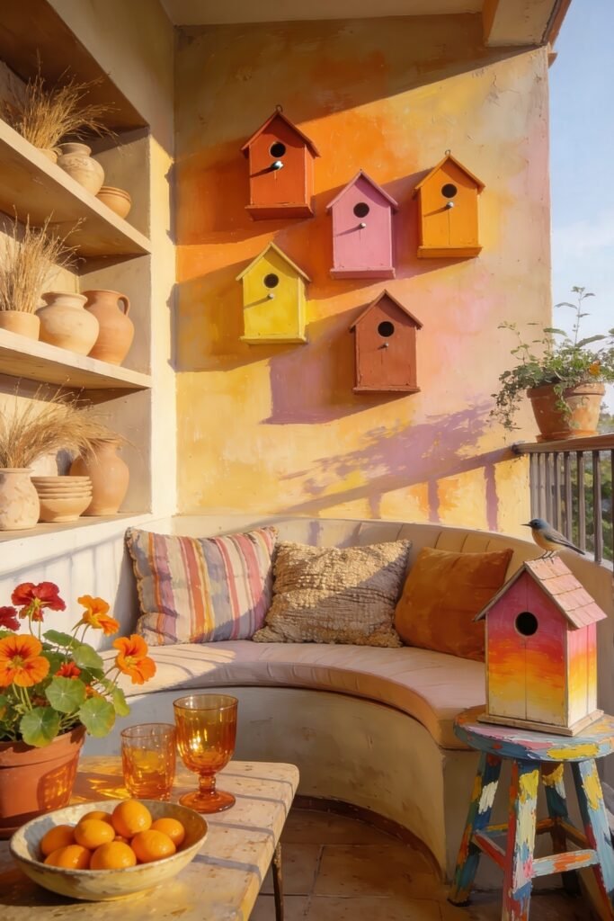 Cute Birdhouse Painting Ideas for Charming Outdoor Style 18 Warm sunset balcony with painted birdhouses curved bench colorful pillows orange glasses and kumquats on the table