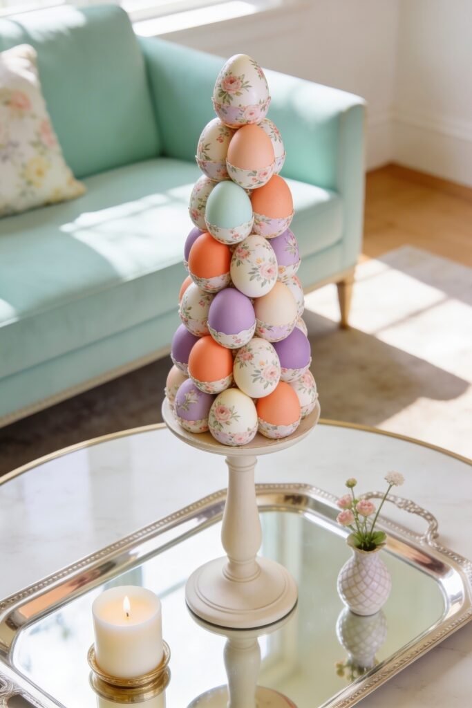 Floral patterned and pastel eggs stacked into a tall cone display on a mirrored tray with a candle and small vase