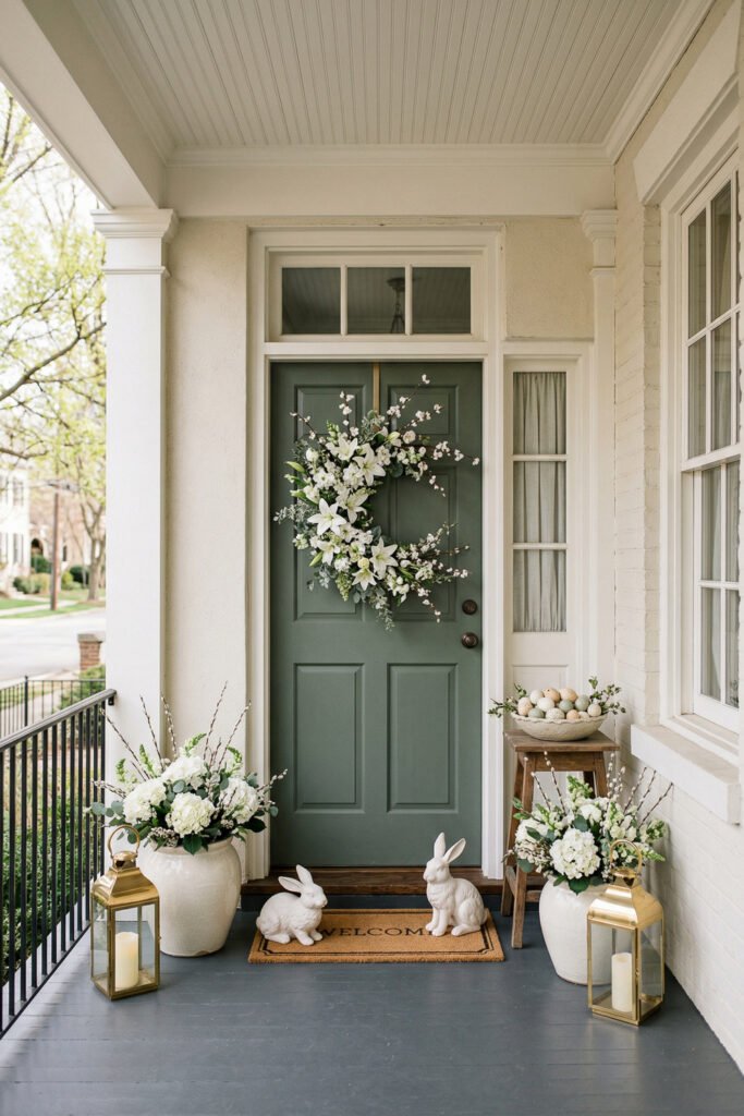 Easter Front Porch Ideas for a Fresh Spring Entry 25 Sage green front door with a white floral wreath rabbit statues white planters and gold lanterns around a welcome mat