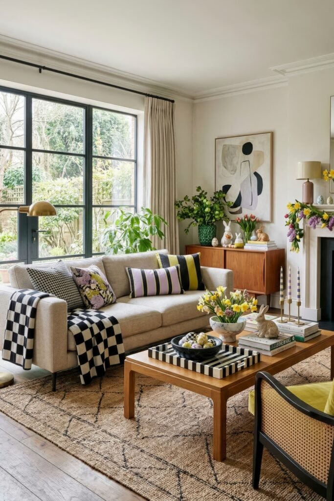 Bright living room with striped pillows tulips daffodils and decorative Easter eggs styled across a coffee table and mantel