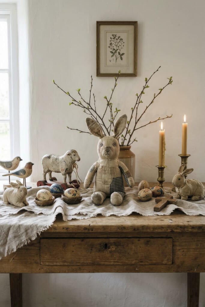 Patchwork bunny doll sits among painted eggs toy birds a pull toy sheep and candlelight on a rustic farmhouse table