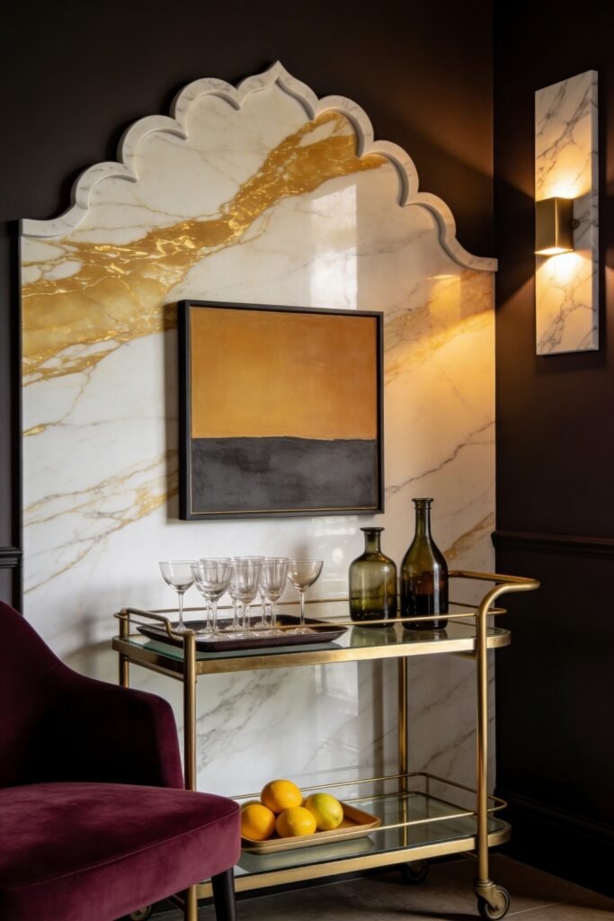 Calacatta Gold Marble Ideas For A Beautiful Apartment 22 Calacatta gold marble feature wall with scalloped top framing a brass bar cart glassware amber bottles and moody lighting
