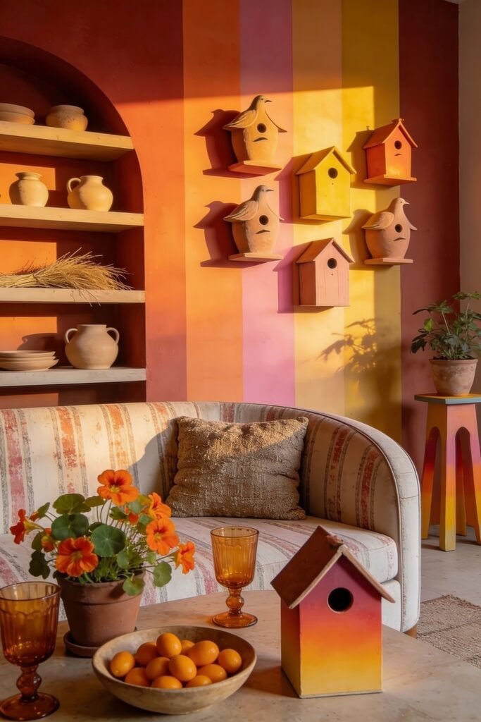 Cute Birdhouse Painting Ideas for Charming Outdoor Style 19 Retro balcony with striped wall pastel birdhouses dove shaped birdhouses curved sofa orange flowers and kumquats on a round table