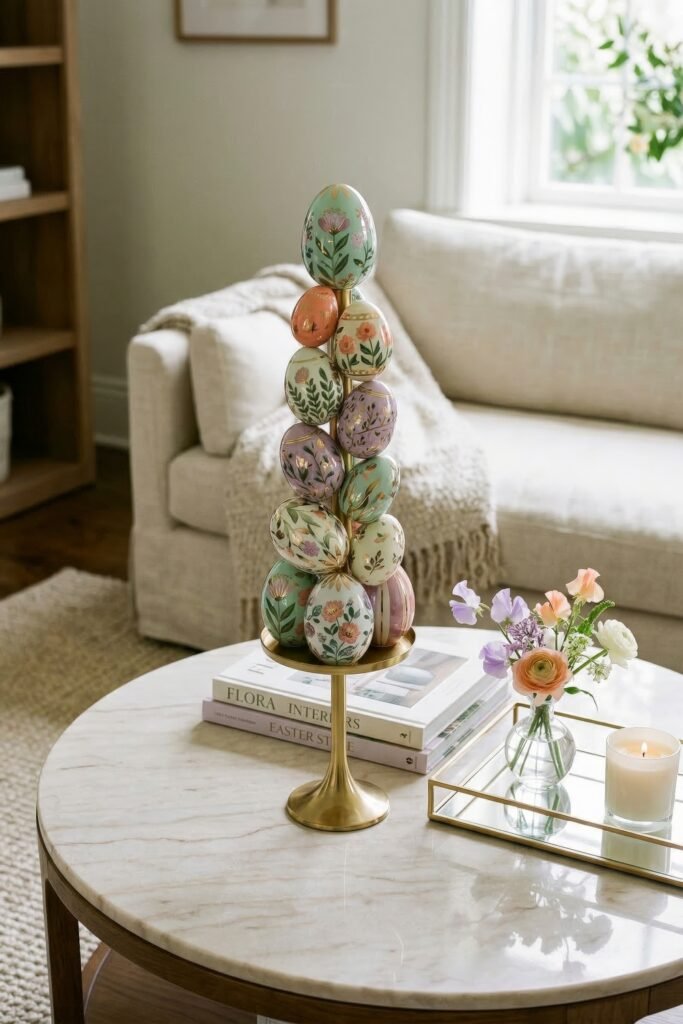 Floral pastel eggs stacked on a gold stand atop a marble coffee table with spring flowers books and a candle in a bright living room