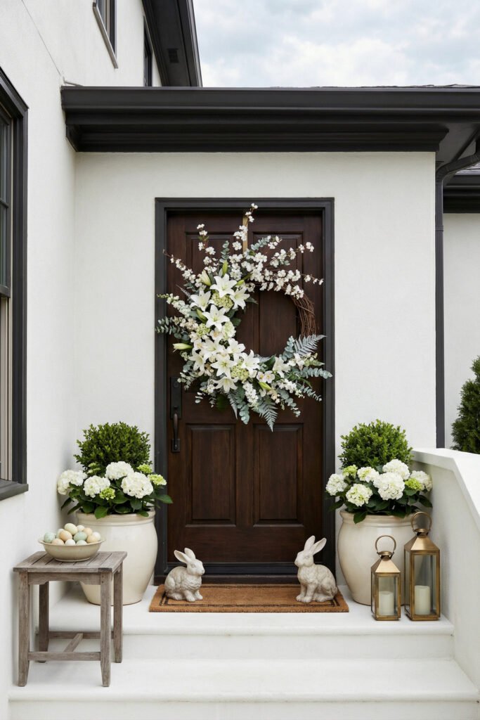 Easter Front Porch Ideas for a Fresh Spring Entry 26 Dark wood front door with a white floral wreath olive trees gold lanterns rabbit statues and a bowl of pastel eggs