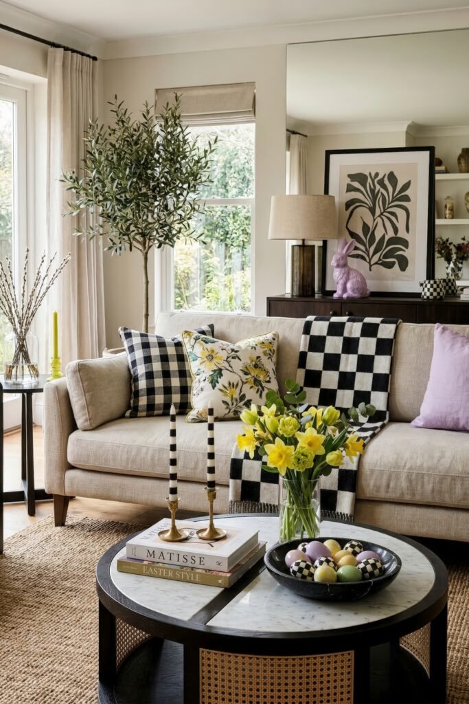 Cozy spring living room with daffodils pastel eggs checkered textiles and a pink bunny accent beside a leafy indoor tree