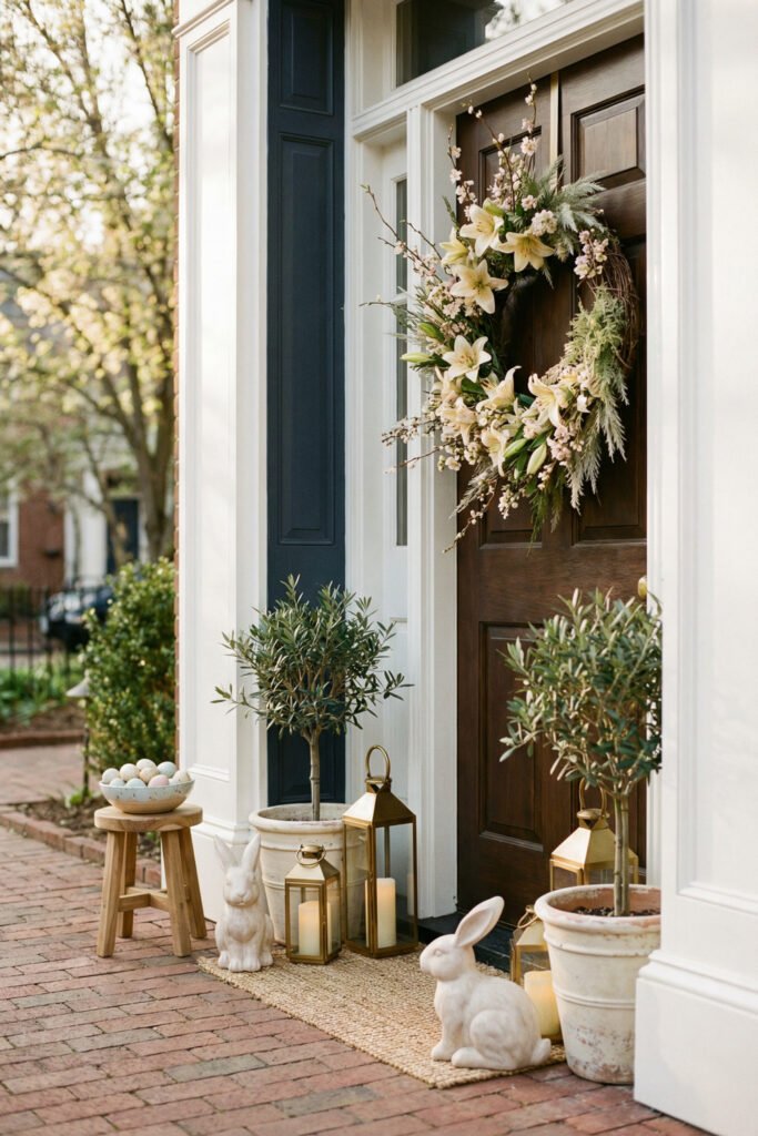 Easter Front Porch Ideas for a Fresh Spring Entry 27 Rustic blue front door with a floral wreath weathered bunny decor spring flowers and a plaid rug on a farmhouse porch