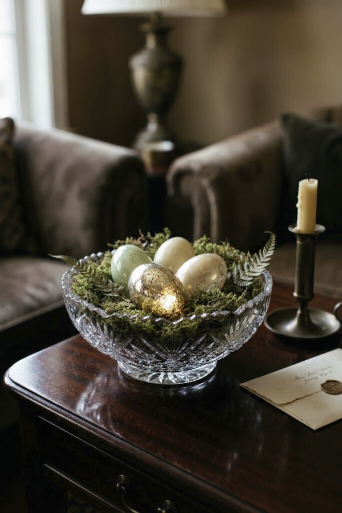 Crystal bowl filled with moss and metallic gold and pastel eggs rests on a dark wood table beside a single candle
