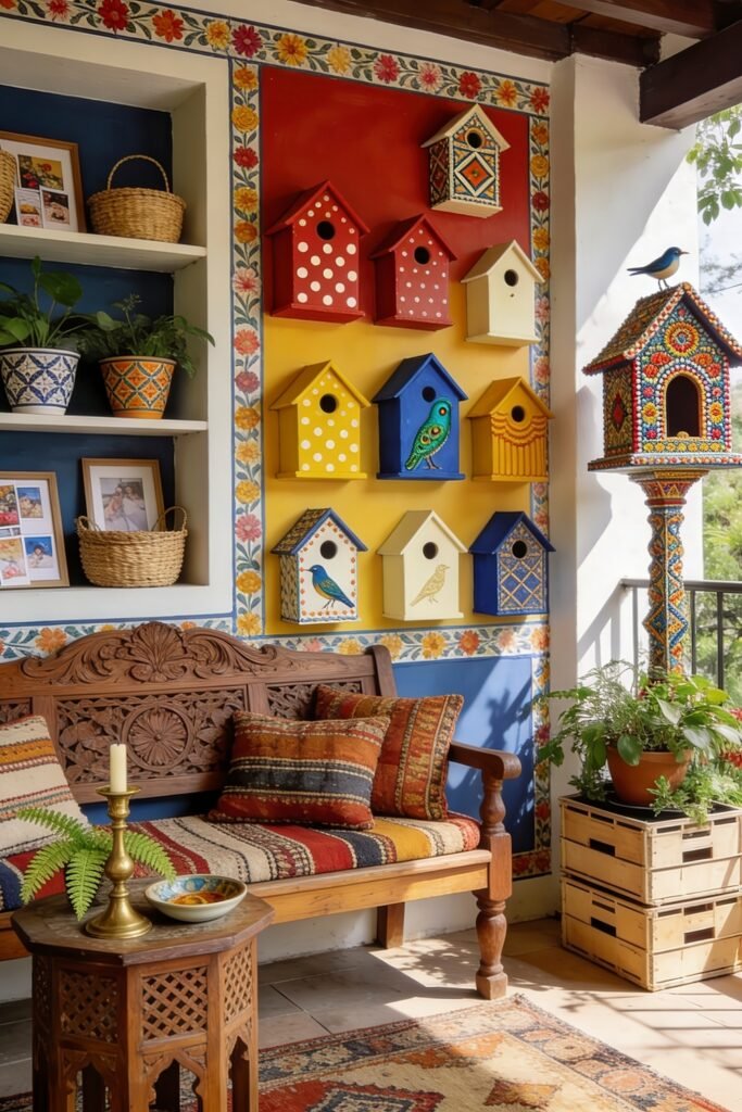 Cute Birdhouse Painting Ideas for Charming Outdoor Style 20 Colorful folk style porch with painted birdhouses carved wooden bench patterned textiles and an ornate birdhouse on a tall stand