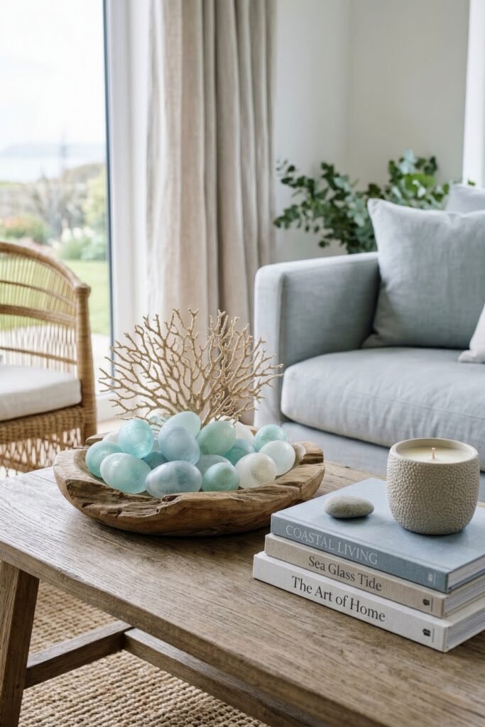 A rustic wooden bowl filled with pale blue eggs and coral decor sits on a coffee table beside coastal books and a candle in a serene living room