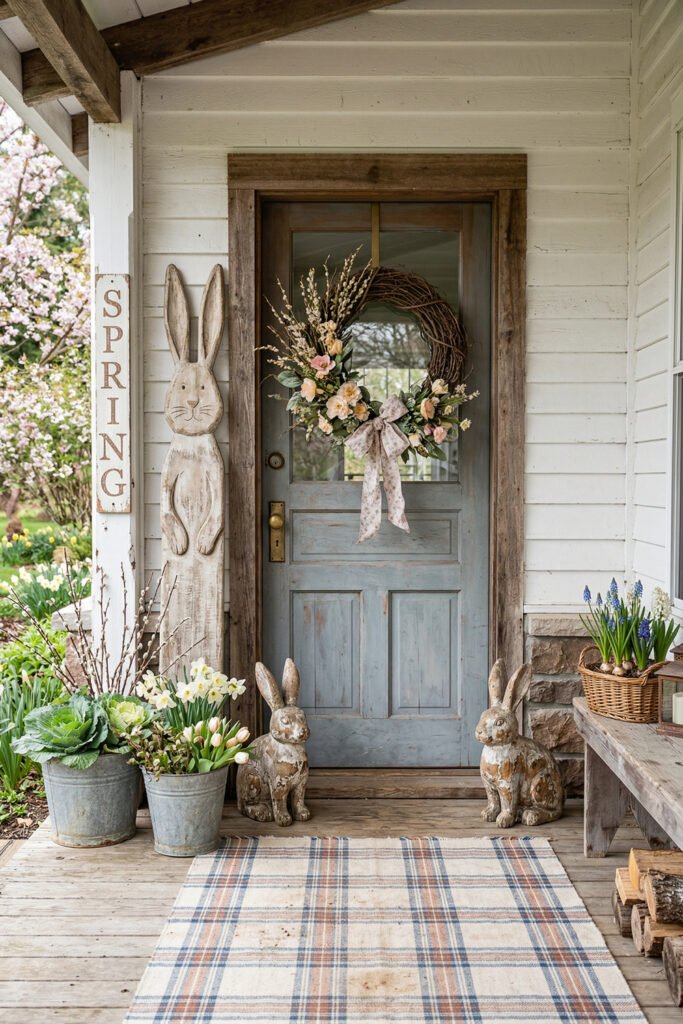 Easter Front Porch Ideas for a Fresh Spring Entry 28 Sage green front door with a Hop Easter Carrots sign spring planters rabbit statues and a wreath with a plaid bow
