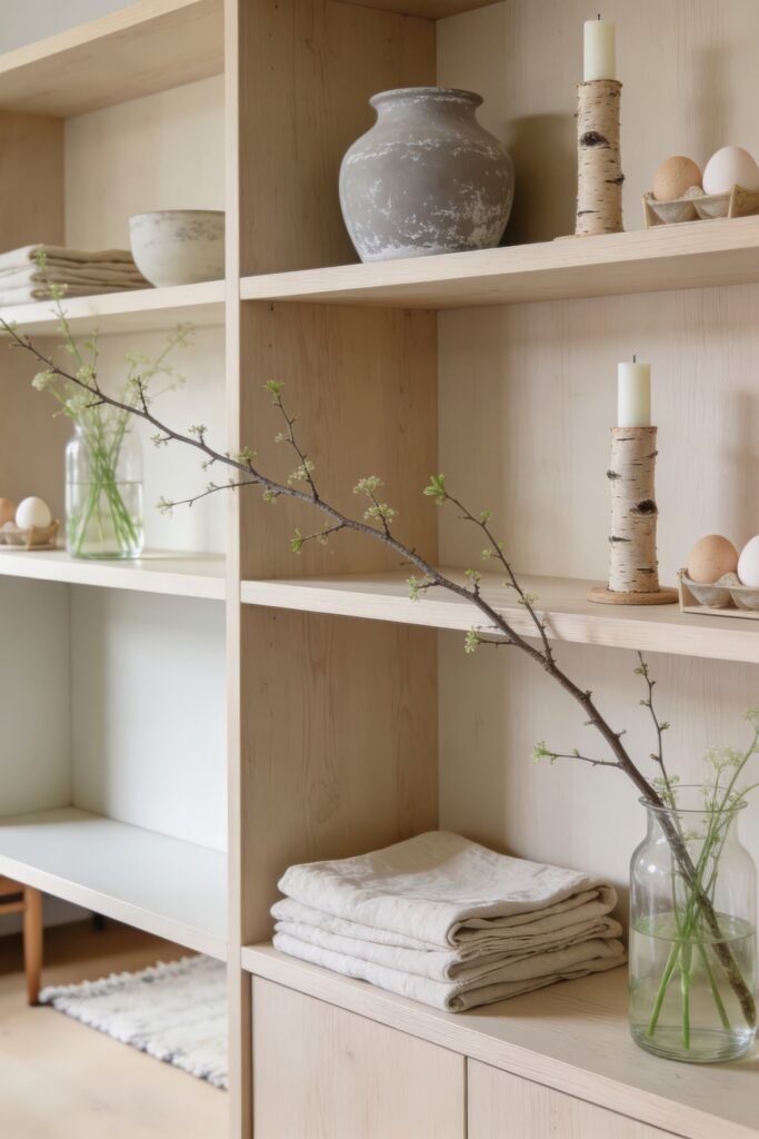 Minimal wood shelving styled with folded linens glass vases budding branches birch candle holders and natural eggs for Easter decor