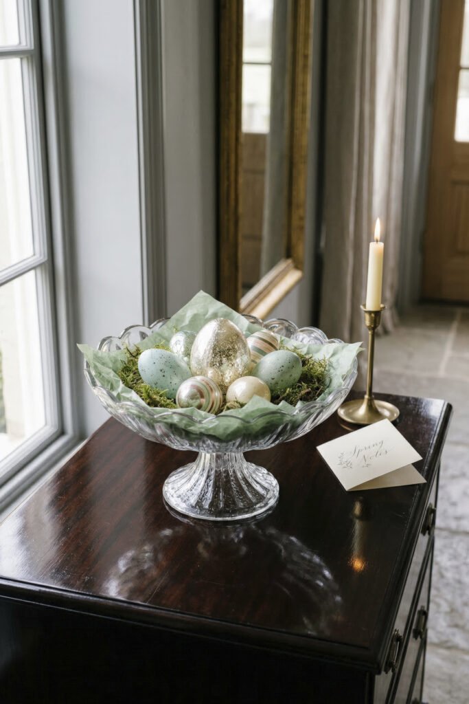 Glass pedestal bowl lined with moss holds pastel and gilded eggs beside a candle and spring note on a polished table