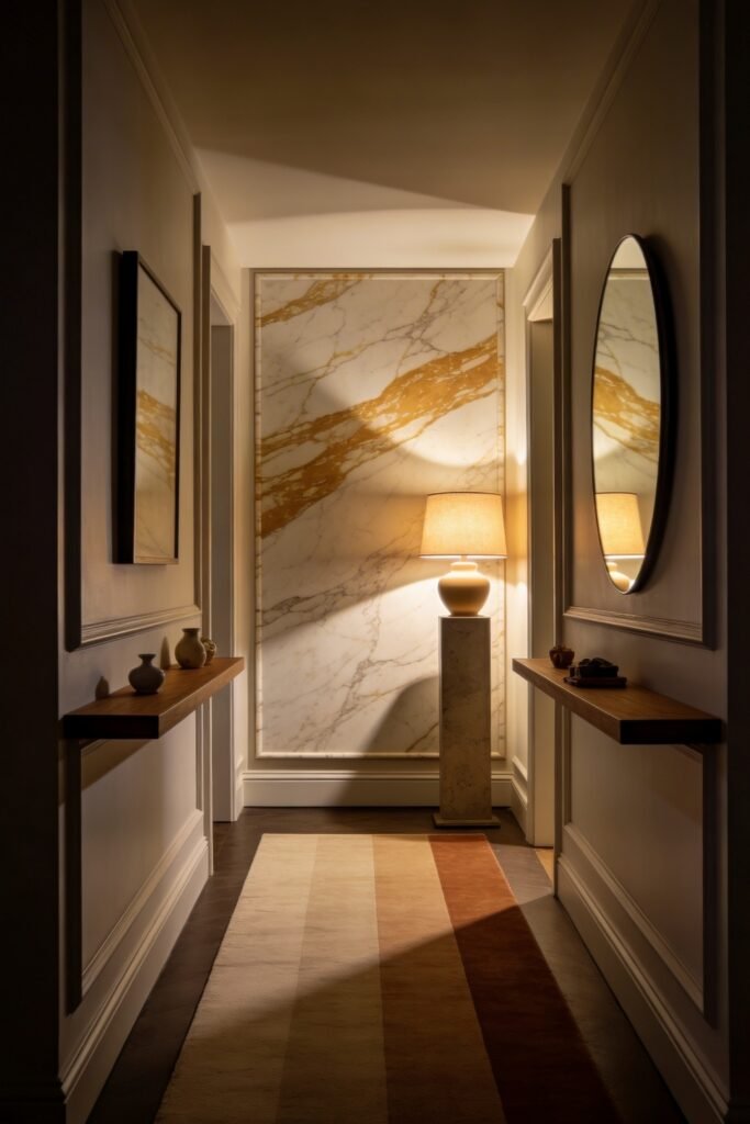 Calacatta Gold Marble Ideas For A Beautiful Apartment 24 Narrow hallway with a backlit Calacatta gold marble wall pedestal lamp floating shelves and an oval mirror