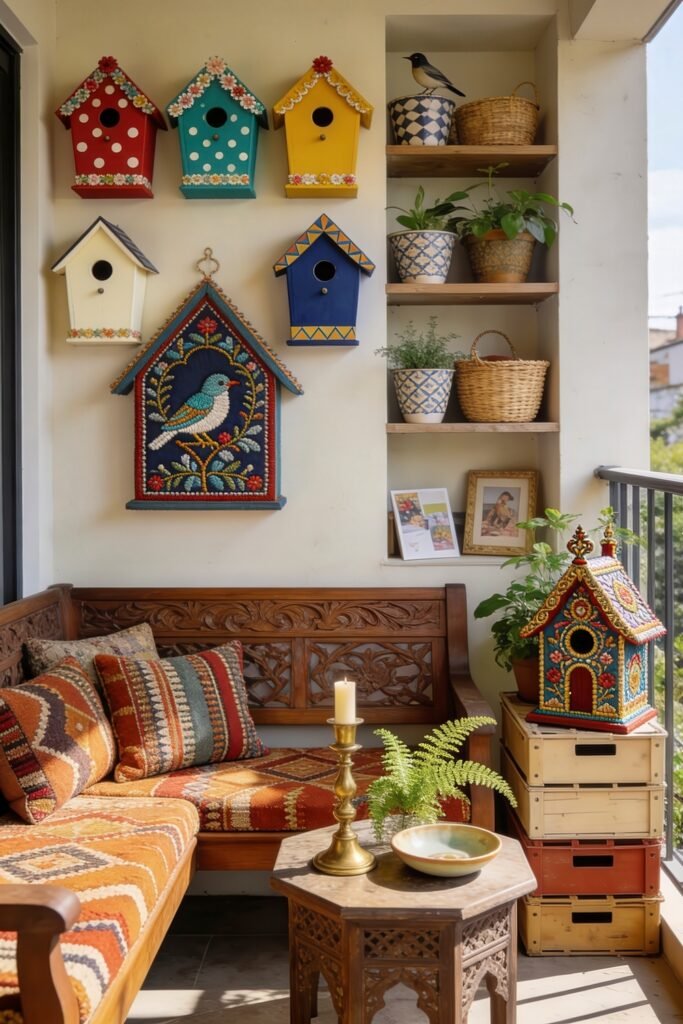Cute Birdhouse Painting Ideas for Charming Outdoor Style 21 Cozy balcony with embroidered folk art birdhouses carved wooden bench patterned cushions brass candleholder and potted plants on shelves