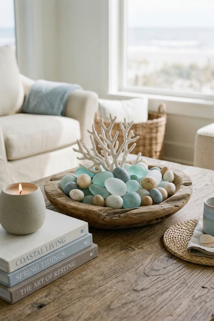 A wooden bowl filled with sea glass eggs speckled eggs and white coral sits on a coffee table beside books and a candle in a soft coastal room