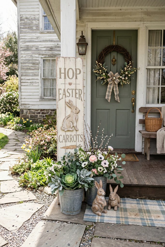 Easter Front Porch Ideas for a Fresh Spring Entry 29 Rustic porch with an Easter Blessings sign cabbage planters rabbit figurines and a brown door with a twig wreath