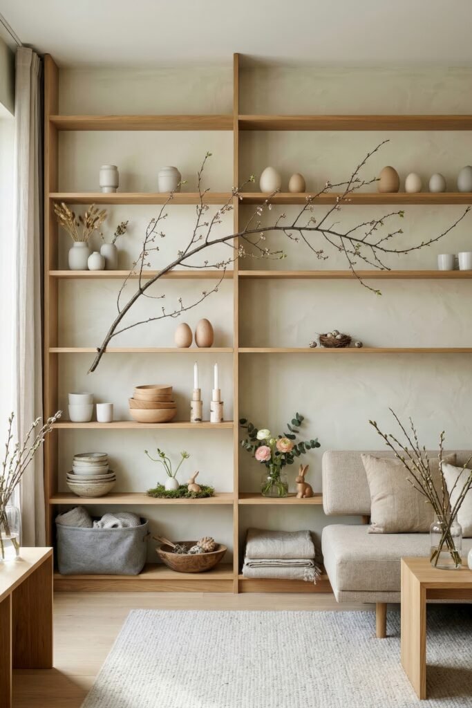 Neutral living room with built in wood shelves featuring branches ceramic pieces eggs florals and subtle Easter bunny accents