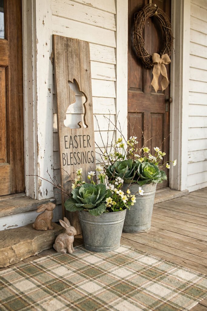 Easter Front Porch Ideas for a Fresh Spring Entry 30 Rustic porch corner with an Easter Blessings sign galvanized planters cabbage blooms rabbit figurines and a brown door wreath
