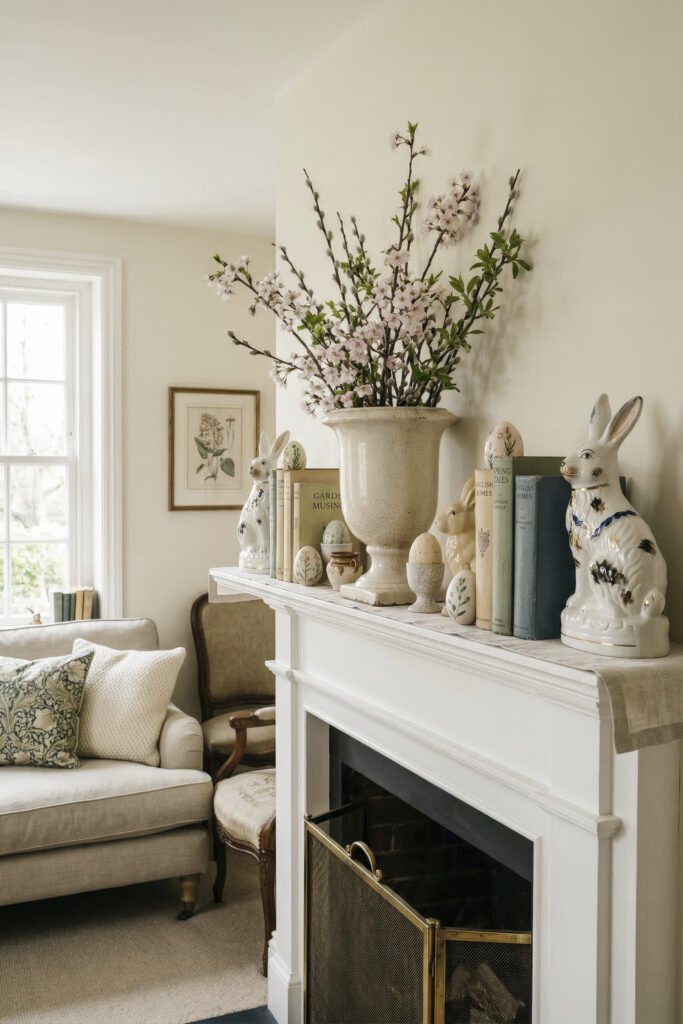 White mantel styled with ceramic rabbits painted eggs books and a large urn of blossoming branches in a bright living room