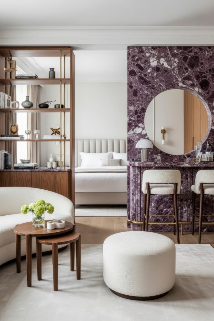 Bright suite with curved white seating warm wood shelving and a purple stone bar vanity with a round mirror