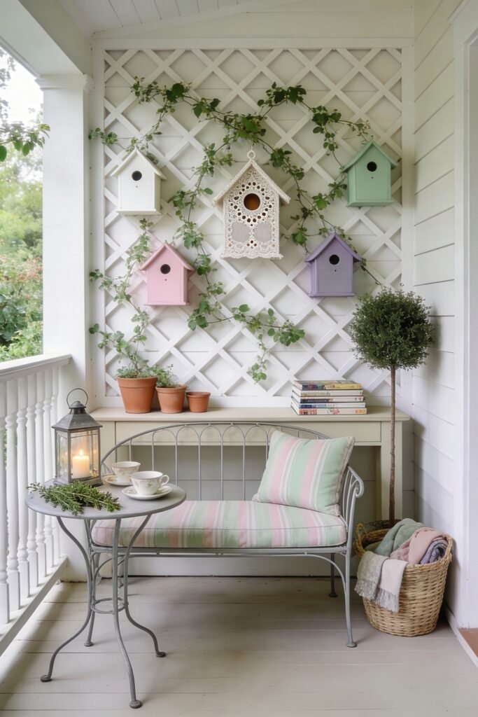 Cute Birdhouse Painting Ideas for Charming Outdoor Style 22 Soft white porch with pastel birdhouses on a vine covered trellis beside a striped bench lantern and teacups on a small table