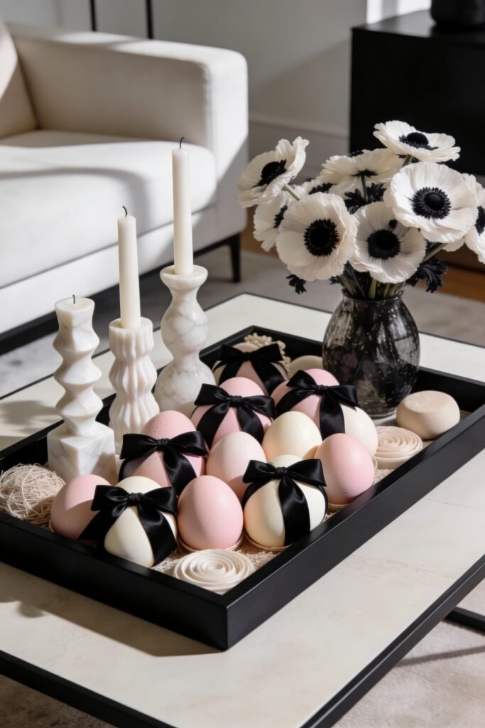 Pastel eggs tied with black bows fill a black tray with white candlesticks and white flowers on a modern coffee table