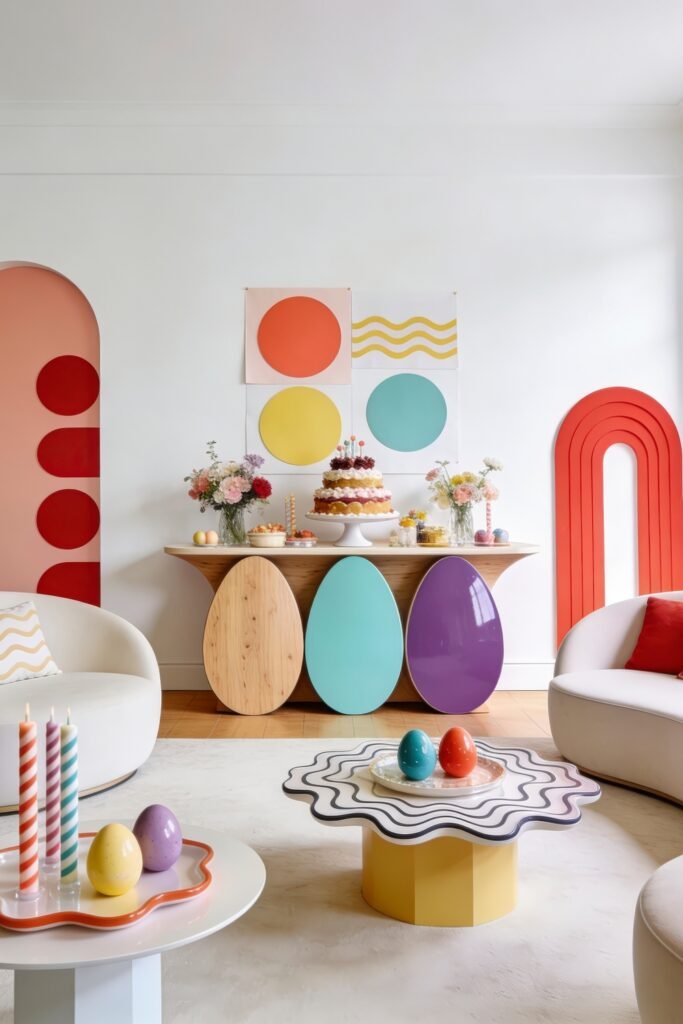 Playful Easter party setup with colorful egg panels pastel desserts fresh flowers and sculptural tables in a modern living room