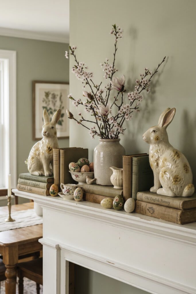 Ceramic rabbit figurines flank a vase of pink blossoms with painted eggs and vintage books arranged across a white mantel