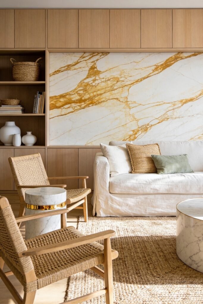 Calacatta Gold Marble Ideas For A Beautiful Apartment 26 Bright living room with a large Calacatta gold marble accent wall woven lounge chairs white sofa and warm wood built ins