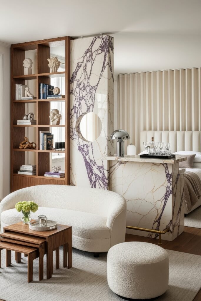 Soft neutral suite with a curved white sofa and wood shelving beside a marble bar partition with purple veining