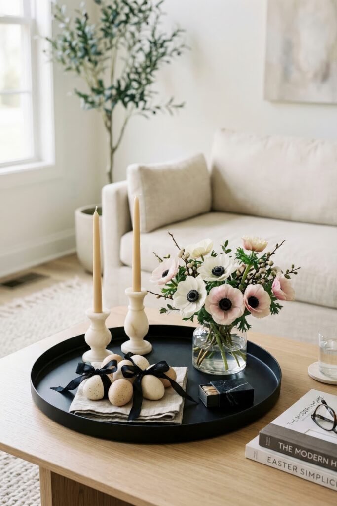 A black tray holds speckled eggs with black bows tall candles and a glass vase of white and blush flowers on a light wood coffee table