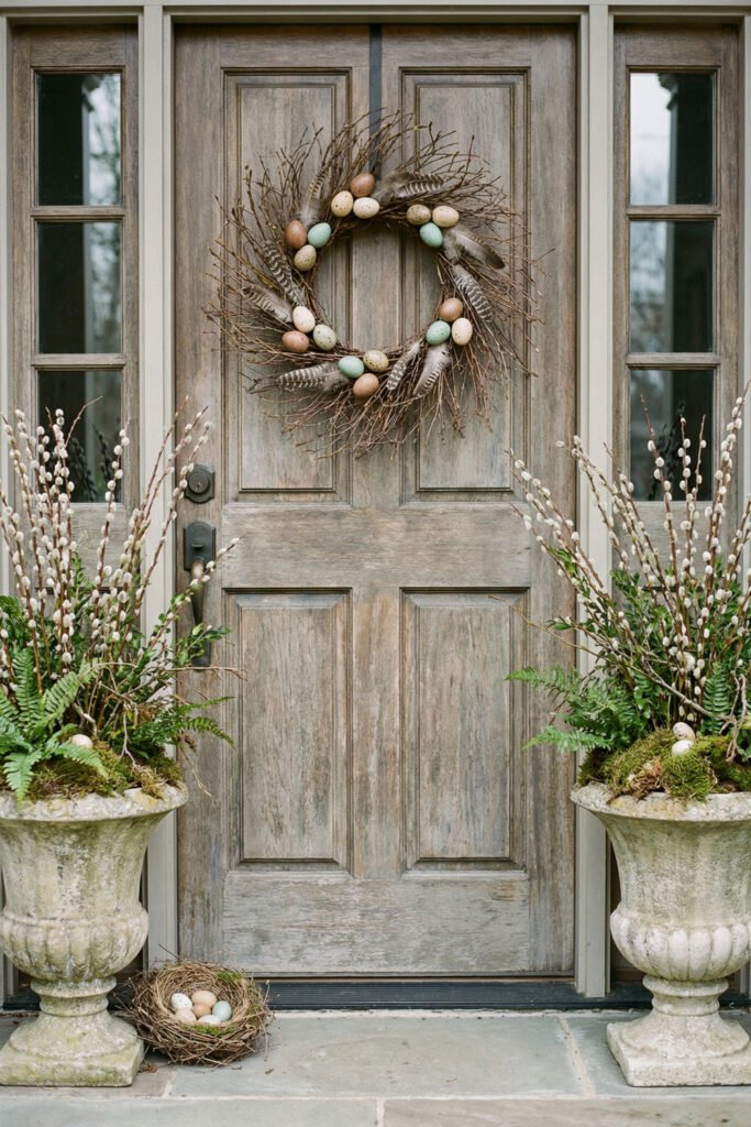 Easter Front Porch Ideas for a Fresh Spring Entry 32 Weathered wood front door with an egg and feather twig wreath framed by stone urns of pussy willow branches