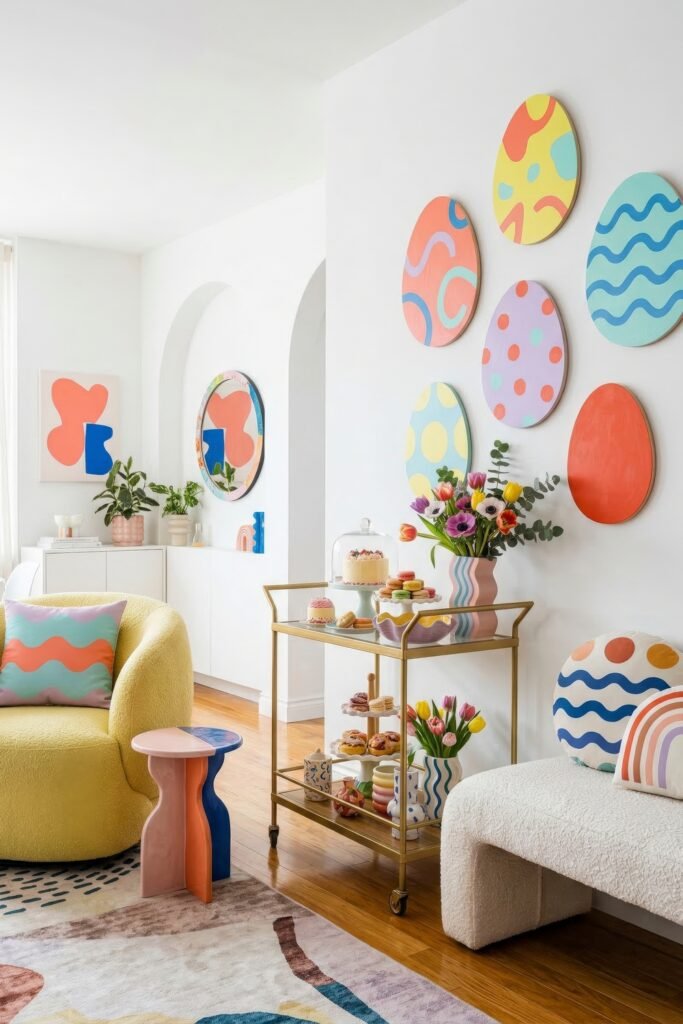 Whimsical living room with painted egg wall art pastel flowers and a gold bar cart styled for an Easter celebration