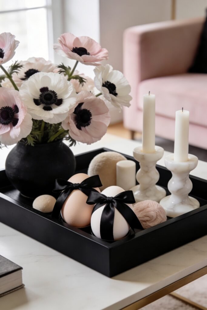 A black tray displays pastel eggs with black bows beside white candles and pale pink and white flowers in a soft modern living room