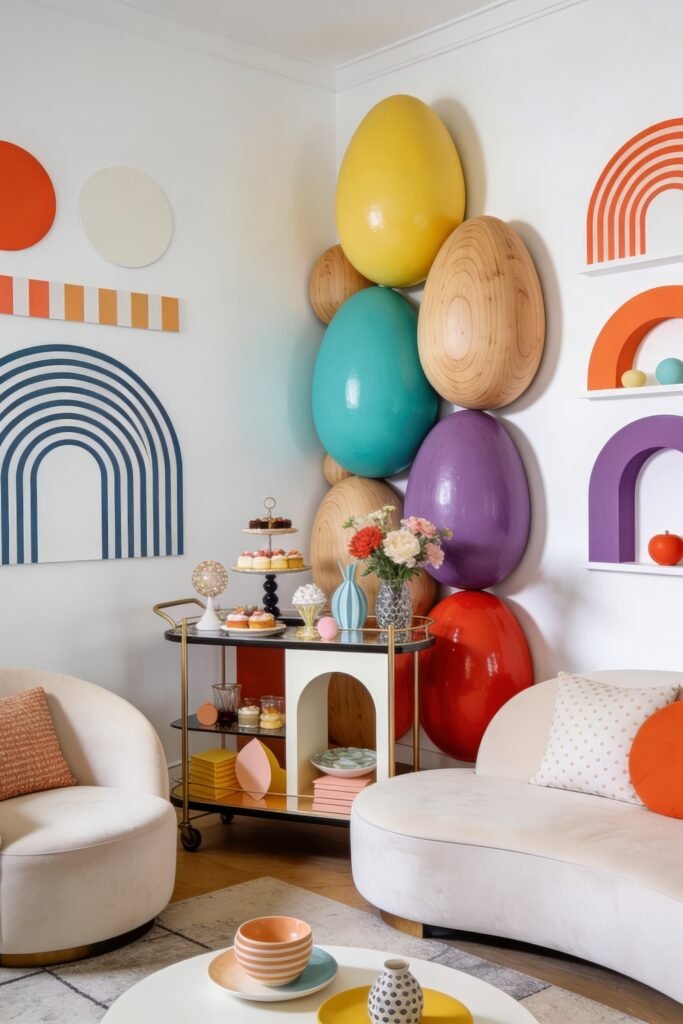 Modern Easter lounge with oversized colorful egg wall decor rainbow art pastel treats and curved white seating