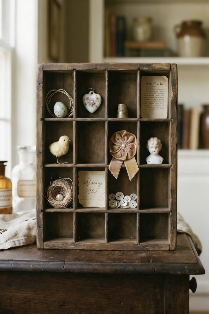 Vintage wooden cubby displays a chick nest porcelain heart ribbon rosette buttons and old paper keepsakes