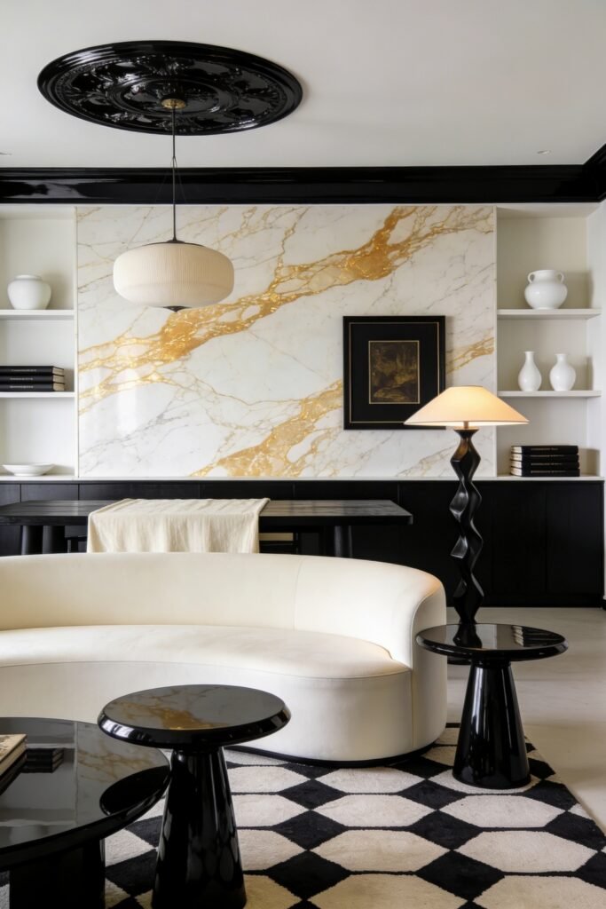 Calacatta Gold Marble Ideas For A Beautiful Apartment 27 Modern black and white lounge with a Calacatta gold marble wall curved sofa sculptural tables and bold geometric rug
