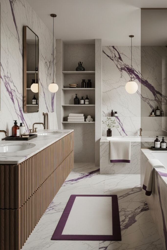 Spacious bathroom with fluted wood vanities twin pendant lights and white marble surfaces with fine purple veining