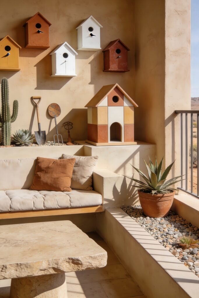 Cute Birdhouse Painting Ideas for Charming Outdoor Style 24 Desert style balcony with earth tone birdhouses built in seating stone table succulents cacti and simple garden tools