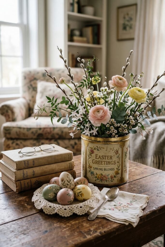 Vintage floral eggs rest on a lace doily beside old books and a flower arrangement in an Easter Greetings tin on a rustic wooden table