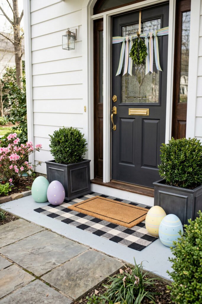 Easter Front Porch Ideas for a Fresh Spring Entry 33 Black front door with a green swag and striped ribbons flanked by boxwood planters oversized pastel eggs and layered doormats