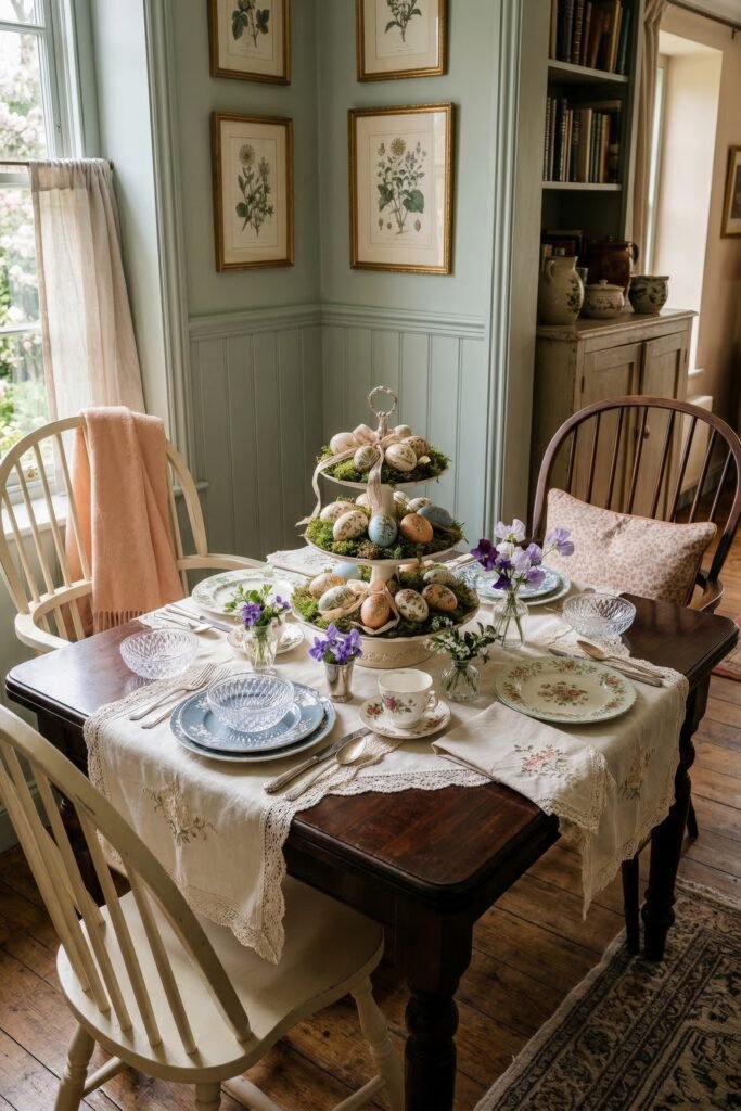 Vintage dining room with floral china hand painted eggs mossy tiered trays and spring violets on a lace trimmed table