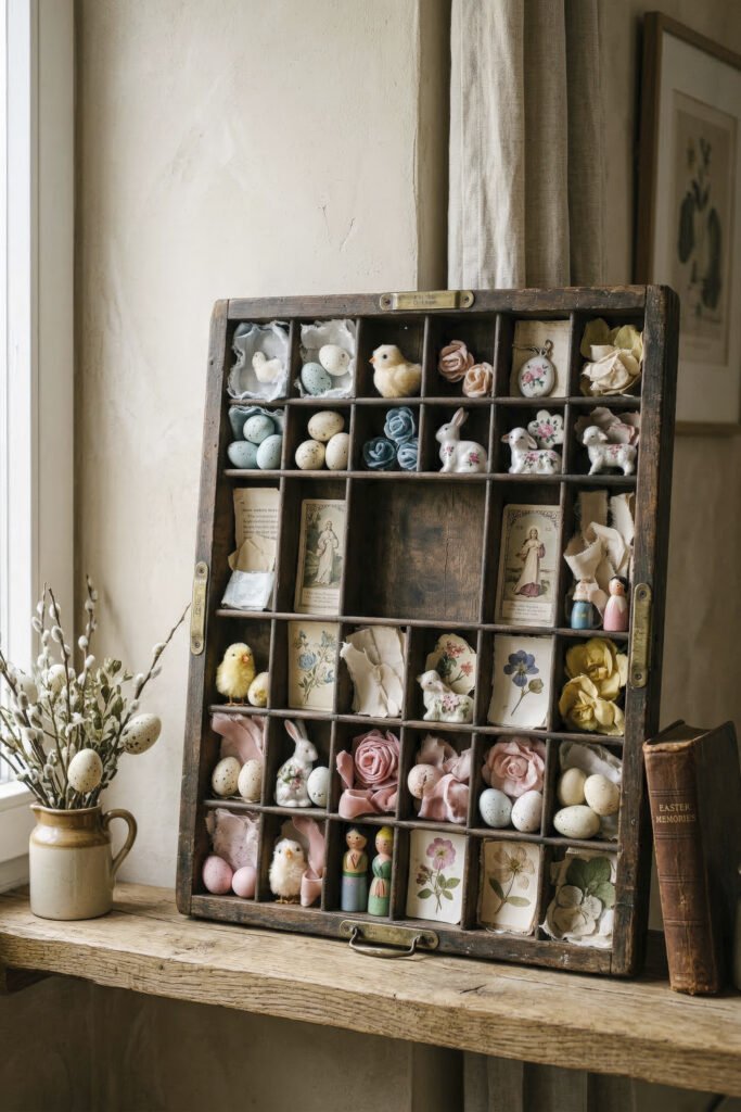 Antique printer tray filled with pastel eggs chicks rabbit figurines flowers and devotional cards beside a worn Easter book