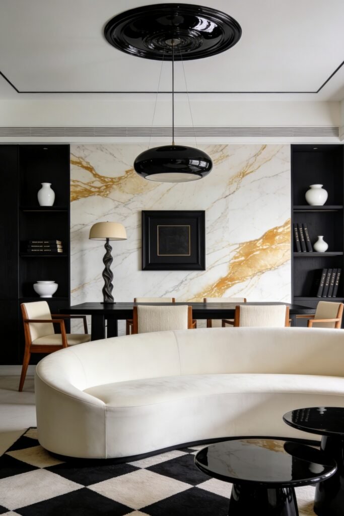 Calacatta Gold Marble Ideas For A Beautiful Apartment 28 Dining and lounge area with a Calacatta gold marble feature wall black shelving curved white sofa and pendant light