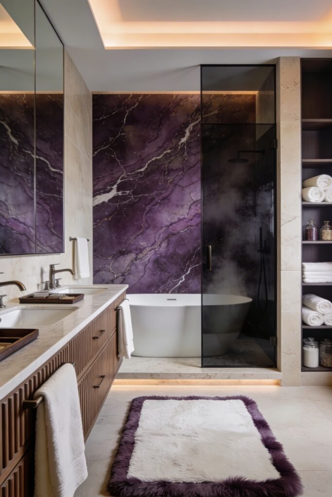 Luxurious bathroom with double sinks a freestanding tub and a glass shower set against a dramatic purple marble wall